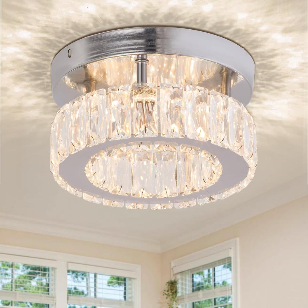 Modern Crystal Chandelier Mini Round Flush Mount Ceiling Light Fixture Small LED Crystal Ceiling Light for Hallway Foyer Living Room (Warm White)