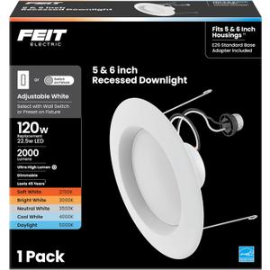 Feit Electric LED Recessed Downlight, 120W Equivalent, 5/6 Inch Retrofit Kit, Dimmable, 2000 Lumens, 90+ CRI, 22W, Adjustable Color Temperature, High Ceilings & Large Spaces Downlight, LEDR56XHO/6WYCA