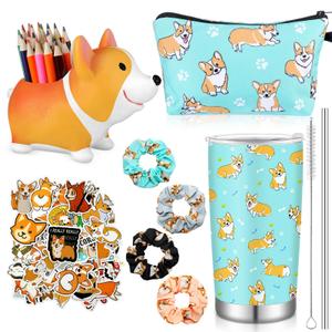 TaoBary Corgi Gifts for Corgi Lovers Includes Corgi Makeup Bag Corgi Pen Pencil Holder with 50 Corgi Stickers 4 Dog Hair Scrunchies Corgi 20 oz Stainless Steel Tumbler for Women(Cute)