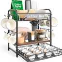 Coffee Bar Organizer, Station Mug Holder for Countertop, Multi-Functional 3 Tier Coffee Cup Tree Rack for Kitchen, Storage Shelf with 10 Hooks, Vertuo Pods Drawer for Home Office