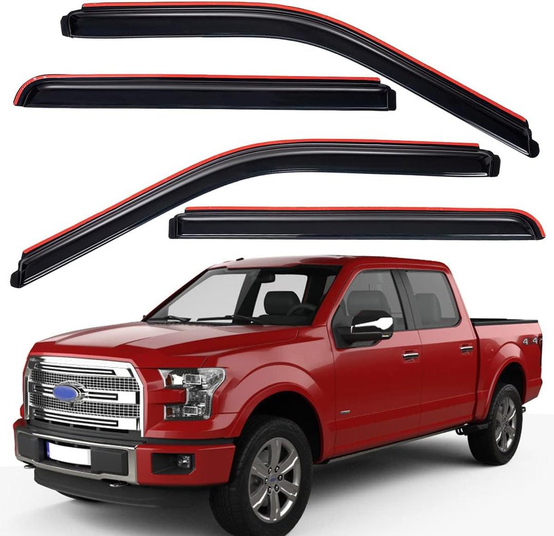 Lightronic Extra Durable Clip-on In-Channel Auto Vent Window Visor, Fits 2015-2025 Ford F-150, 2017-2025 F-150 Raptor, SuperCrew, UV Protection Rain Guard, Original Window Deflector, Dark Smoke, 4-Pcs