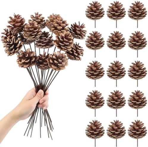 Larber 5pcs Natural Pine Cones Decoration 30CM Pine Cones Ornaments with Stem Pine Cone Picks for Christmas Tree Ornament Vase Party Holiday DIY Craft Home Decoration