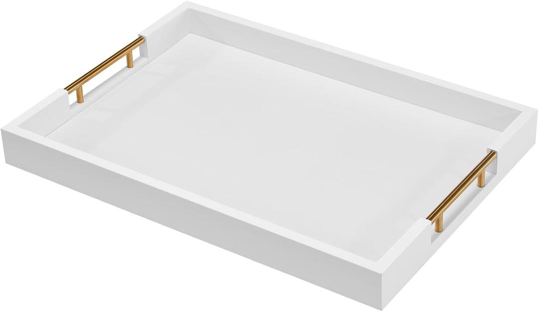 Large Serving Tray with Metal Handles -18×14 Inches Big Size Rectangular MDF Base with White Faux Leather Decorative Ottoman Tray Luxury Coffee Table Organizer Tray for Drinks, Jewelry & Home Decor