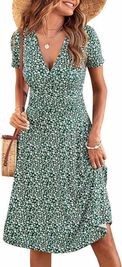 MSBASIC Dresses for Women 2025 Summer Cross Wrap Floral Dress Short Sleeve Summer Dress(A-Green Floral, X-Large)