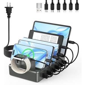 CREATIVE DESIGN 50W Fast Charging Station, 6 Port Apple Charging Station for Multiple Devices Compatible with iPhone,iPad, Tablet,Kindle ect,with 6 Short Cables and Apple Watch HolderSpace Gray