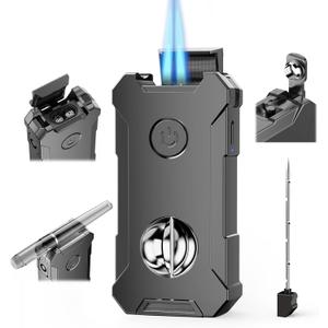 5-In-1 Torch Lighter with Tool, Holder, Punch, Draw Enhancer Tool, Double Jet Flame, Windproof Lighters, Gifts for Men, Rechargeable Refillable Butane Lighter, Cool Lighters for Men Candles (Gray)