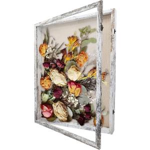 GraduationMall 18x24 Wood Shadow Box Frame Glass Door Display Case with Linen Back and 6 Stick Pins,1.5 inches Interior Depth,Ideal for Memorabilia Pictures Flowers Medals Tickets Rustic White