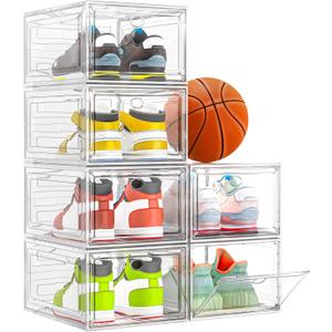 Thicken & Sturdy Clear Shoe Storage Organizer with Magnetic Door, Stackable Boxes for Closet, Foldable Space-Saving Shoe Rack for Sneaker Boot Container, Plastic Shoe Cabinet Shoe Box 6 Pack, White