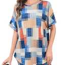 Totatuit Women's Casual Summer Tunic Tops Short Sleeve Crewneck Oversized T Shirts Graphic Print Loose Fit Blouses Covering Butt for Leggings Grid Geometric Pattern Elbow Length Sleeve (L)
