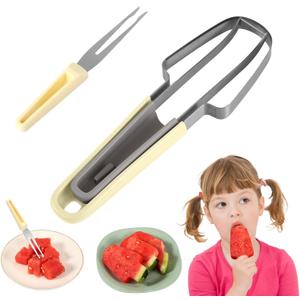 3 x 3-in-1 Watermelon Fork Slicer Cutter, Stainless Steel Watermelon Slicer Fork Melon Cutter Knife Fruit Watermelon Cutting Tool Multifunctional Portable Home Kitchen Gadgets (Beige)