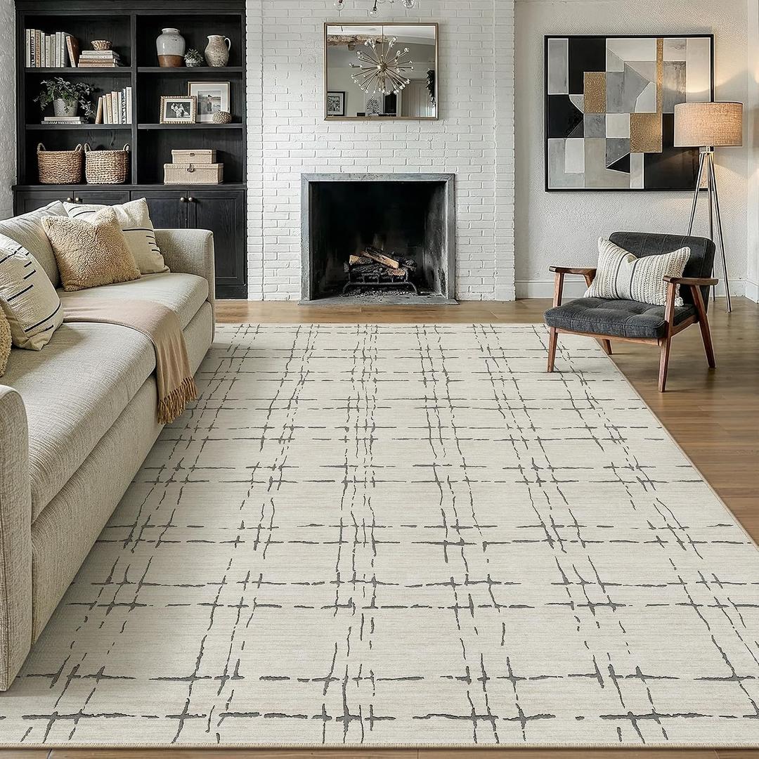 PureCozy 8x10 Washable Neutral Area Rug for Living Room Sand Gray Modern Large Carpet Non Slip Low Pile Indoor Bedroom Soft Accent Throw Rug for Dining Room Office Nursery