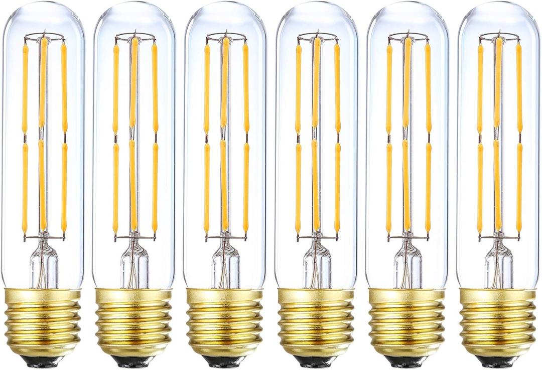 Dimmable T10 Edison Led Tubular Bulb 3000K Soft White,6W Vintage Led Filament Tube Bulb (60W Equivalent) 600lm, E26 Base Lamp Bulb for Display Cabinet Showcase Piano. (6-Pack.)