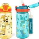 Kids Water Bottle for School or Travel, 20 Oz 2 Pack Durable Plastic Water Bottle with Silicone Straw and Pop-Up Spout Cover, BPA Free & Dishwasher Safe(Excavator & Dinosaur)