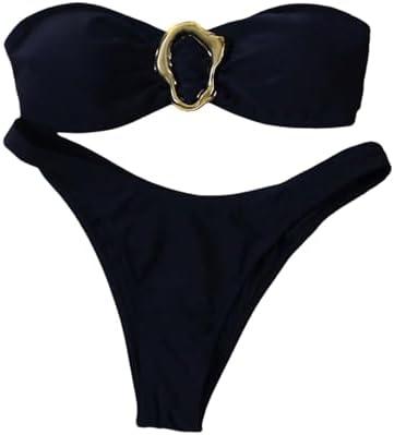 SHENHE Women's 2 Piece Strapless Swimsuits High Cut Metal Ring Tube Top Bandeau Bikini Set, Size L