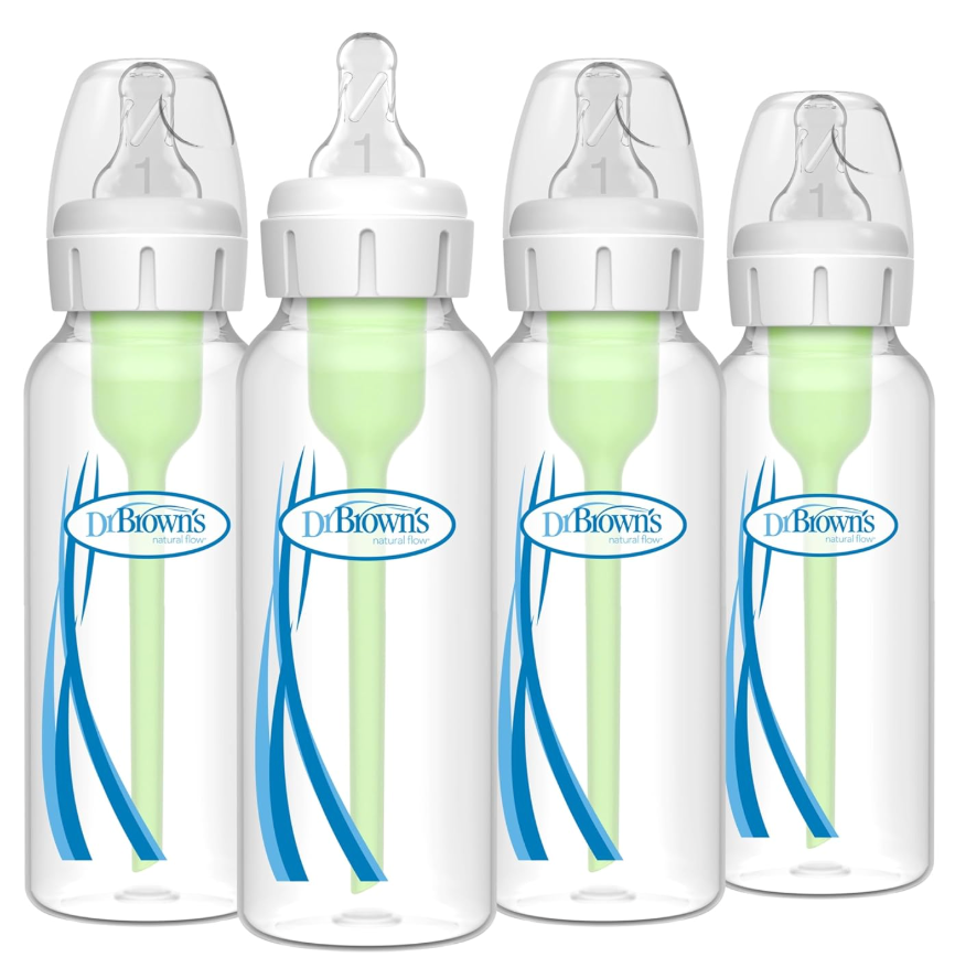 Dr. Brown's AntiColic Options+ Narrow Glass Baby Bottle with Level 1 Slow Flow Nipple, BPAFree, 8 oz/250 mL, 0m+, 4Pack