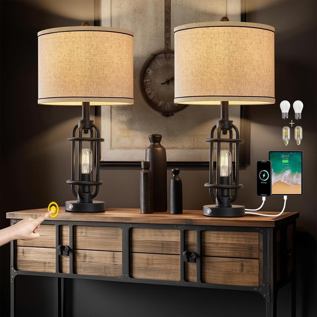 23.75'' Industrial Black Metal Table Lamps Living Room Lamp for Nightstand Bedroom lamps Set of 2 Bedside End Side Table Lamps Home Decor Touch Lamp Modern Lamps With USB Port, Bulbs Included (Black - 23.75'' Lamps)