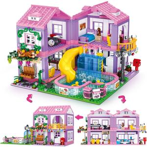 Pink Girls Summer Villa Friends Building Block Set, Compatible with Lego Friends, Educational 3 in 1 Construction Toy with Pool, Slide, Monkey and Swing for Kids Age 6 8 12 and Up, 1026PCS