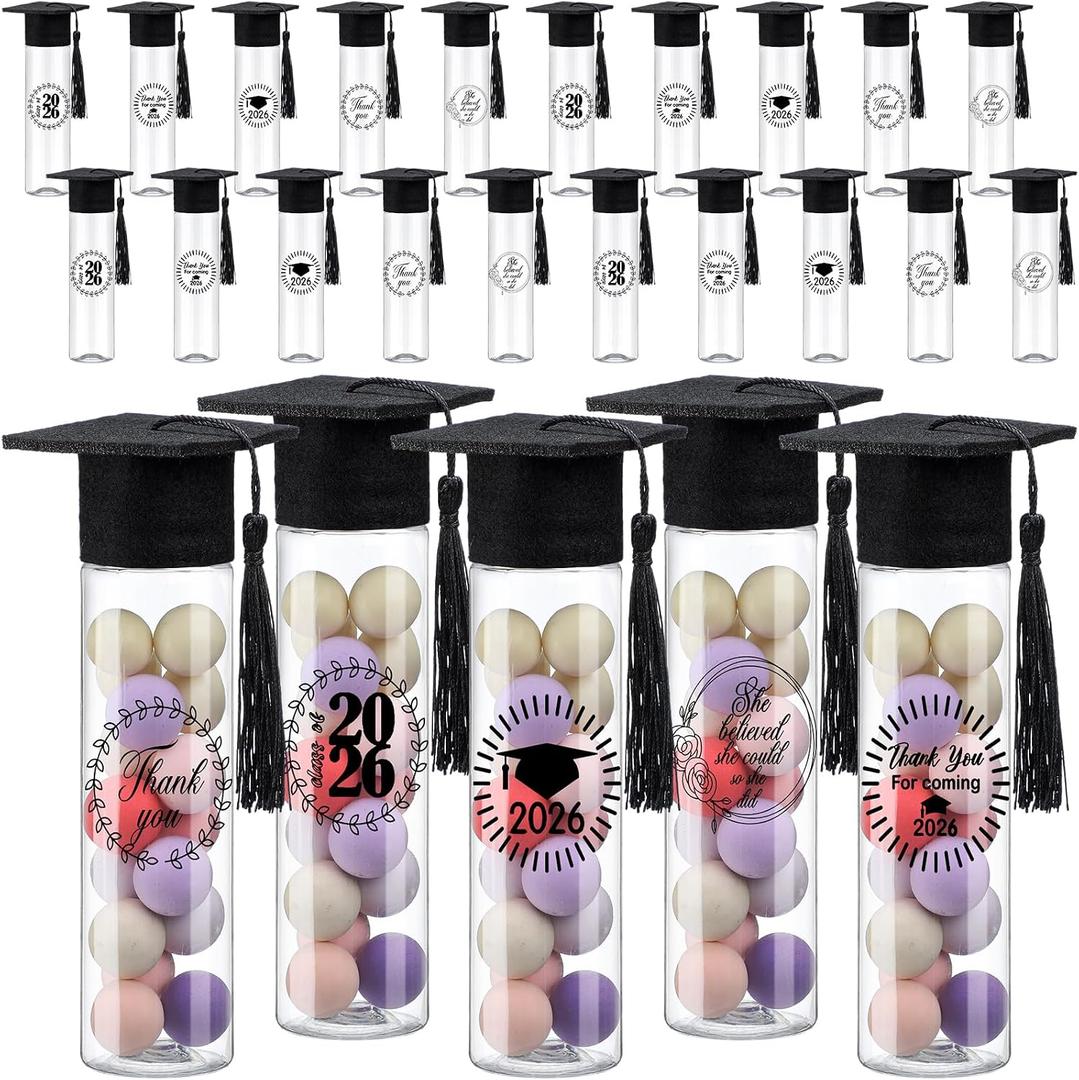 Teenyyou 25 Pcs Graduation Candy Tubes 2026 Graduation Party Favors Candy Boxes Plastic Grad Cap Jars Container with Tassels and Stickers for DIY Grad Table Party Favors (Black)