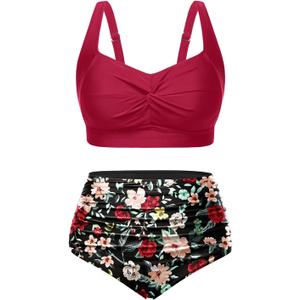 Tempt Me Women Plus Size High Waisted Bikini Set Two Piece Swimsuit Tummy Control Bathing Suits (Red and Floral), Size 16W