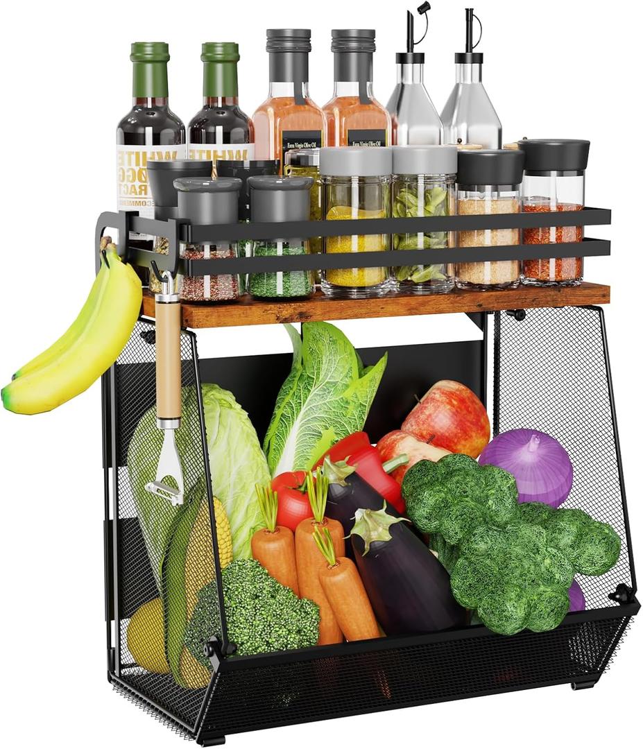 Magnetic Shelf for Fridge with Wood Lid - Magnetic Spice Rack for Refrigerator Mesh Design Large Shelf Basket, Shelves for Kitchen Pantry Storage Organizer for Food Fruit Veg (1Pack)