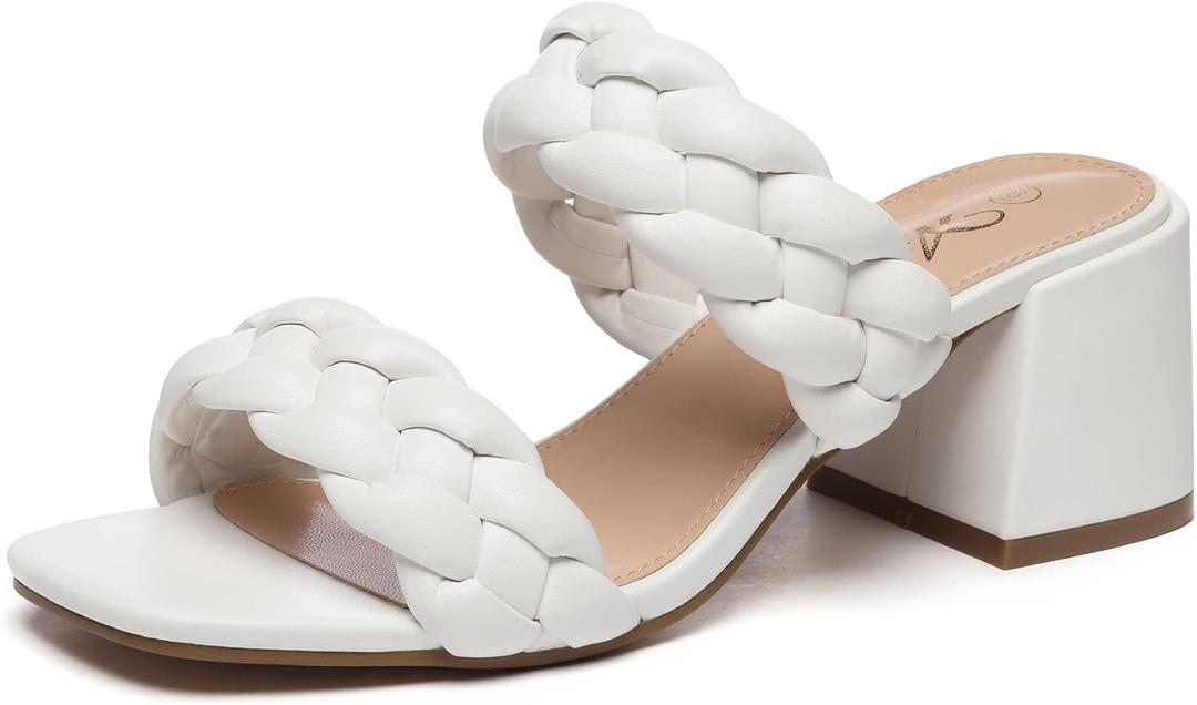 Athlefit Women's Braided Heeled Sandals Strappy Square Open Toe Heels Backless Mules Slip On Block Heels (6.5, White)