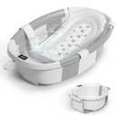Collapsible Baby Bathtub for Newborn to Toddler 0-36 Months, Spacious Foldable Infant Bath Tub with Thermometer, Cushion & Drain Hole, Portable Travel Tub Grey