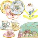 WorldBazaar Tea Party Supplies Floral Party Dinnerware 12 Set Paper Tea Cups and Saucers, Plates Napkins Tablecloth Birthday Table Decorations Girls Kids Adults Woman