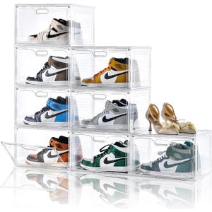8 Pack Shoe Boxes Clear Plastic Stackable, Large Shoe Storage Organizer with Lids,Drop Side Shoe Containers for Entryway,Sneaker Storage Fit up to US Size 13 (13x 10.6x 8.3)