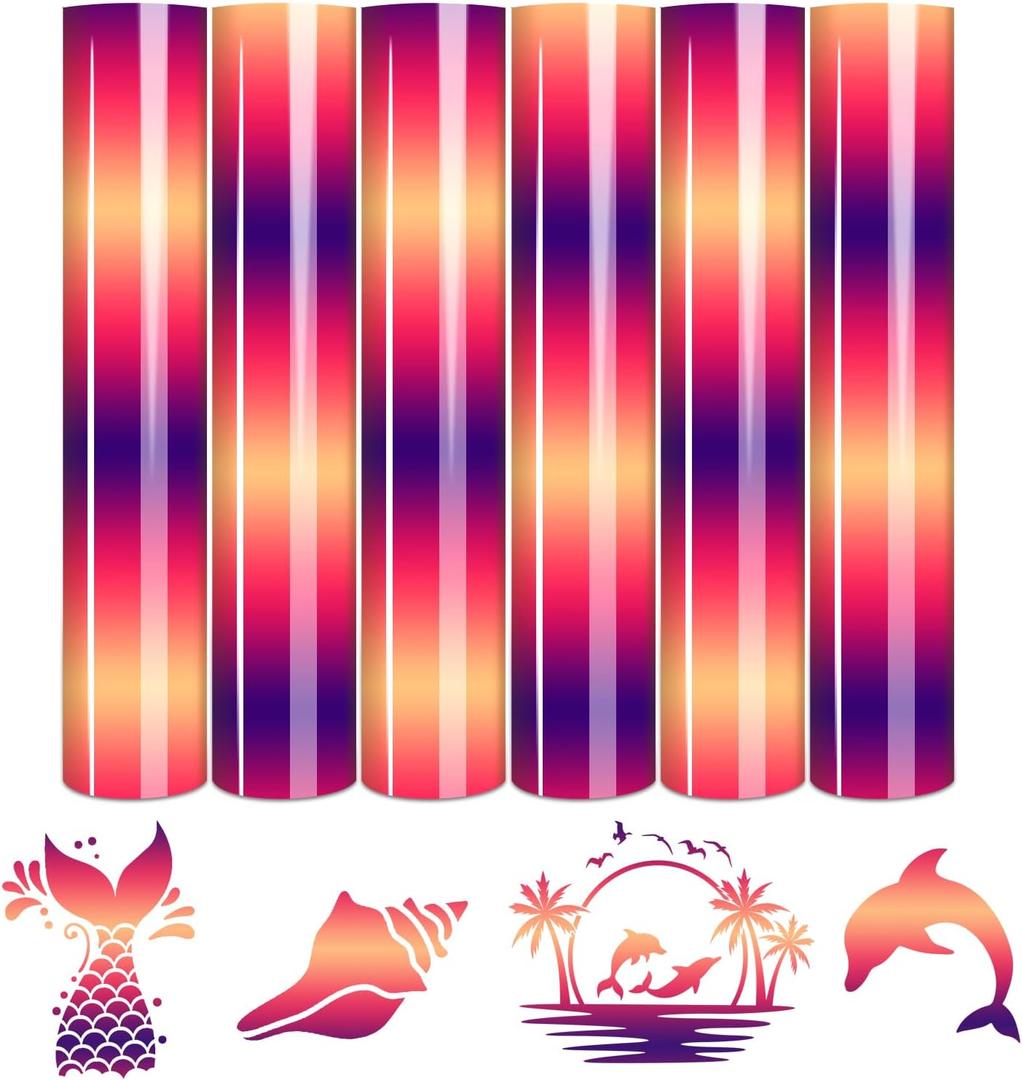 Tintnut Gradient Heat Transfer Vinyl - 6 Sheets 12 x 10 Inches Orange Purple Ombre Iron on Vinyl Gradient for T-Shirts DIY Rainbow Patterned HTV