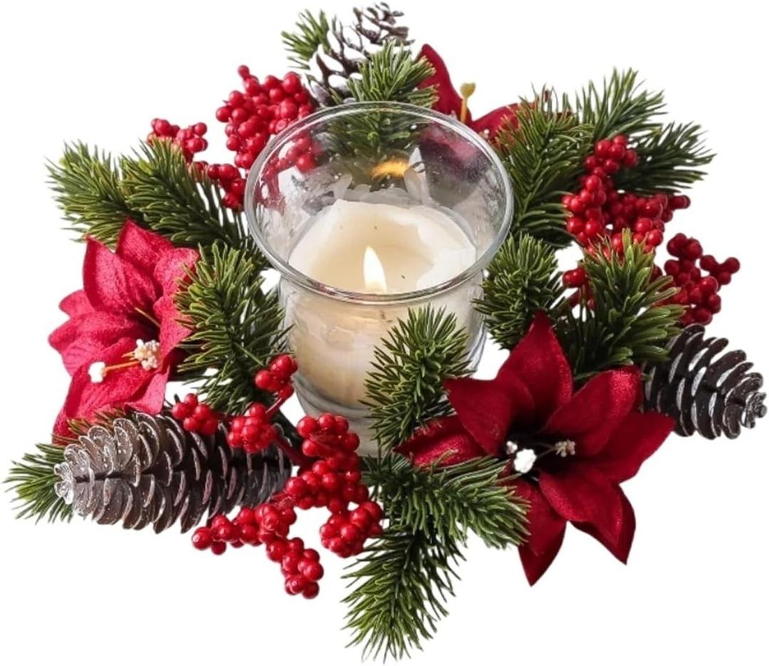 Festive Pinecone Wreath with Red Berries - Premium Christmas Candle Ring for Table Decor(Style 1)