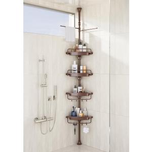 XLHOMO 32-122inch Corner Shower Caddy Tension Pole Brown, Rustproof Drill-Free Shower Shelves for Bathroom Bathtub Washbasin, Adjustable Shower Organizer with 4 Tier Patent Stable Shelves & Towel Bars