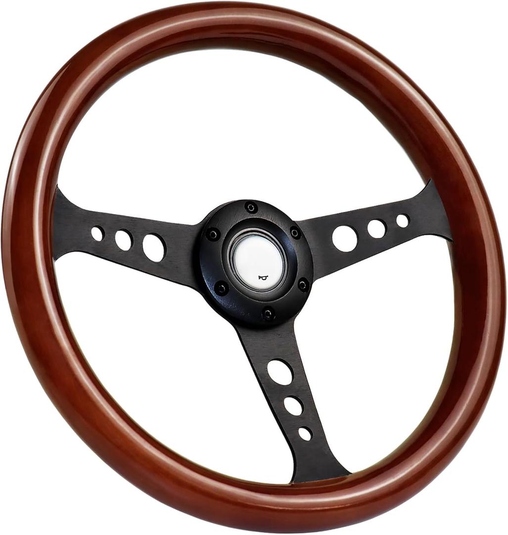 YHK 13.6 Inch Universal Classic Wood Grain Steering Wheel, Universal 6 Hole Bolt Racing Steering Wheel, 3 Spoke with Horn Button for Rally/Racing/Motorsport/Car Simulator Driving