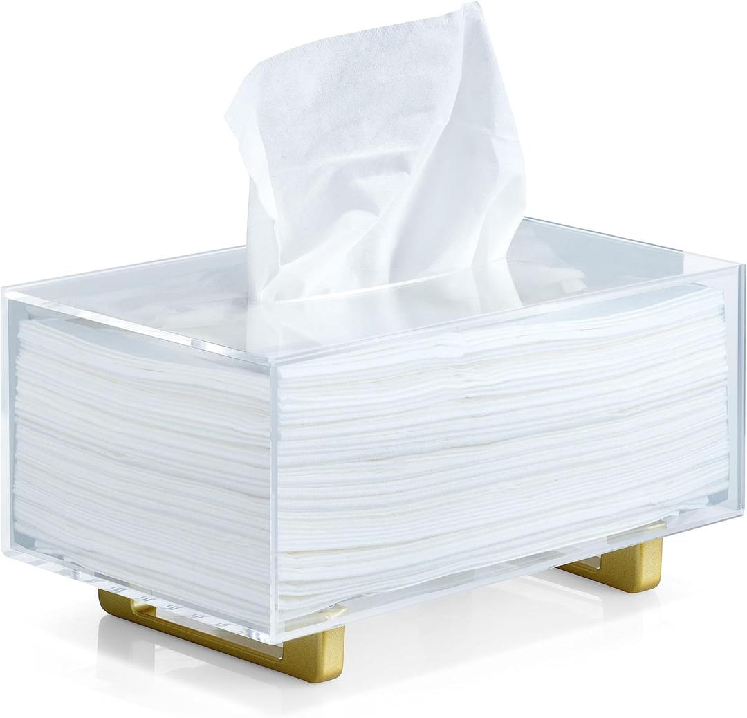 YoBa Thick Acrylic Tissue Box Holder Rectangular Clear Tissue Box Dispenser with Gold Plated Aluminum Legs for Bathroom, Kitchen, Bedroom, Office, Hotels and Restaurant (Rectangle)