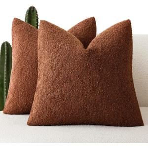 Foindtower Pack of 2 Textured Boucle Throw Pillow Covers Accent Solid Pillow Cases Cozy Soft Decorative Couch Cushion Case for Chair Sofa Bedroom Living Room Home Decor 18x18 Inch Red Taupe (Coconut Shell)