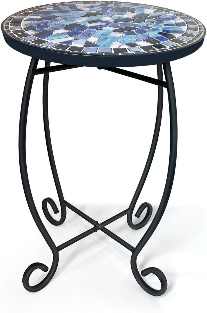 LIFFY Outdoor Side Table,12" Round Ceramic Tile Tabletop Accent Table with Metal Frame, Indoor Small Decorative Plant Stand & End Table for Home, Patio, Garden (Navy Blue-12 Inches)