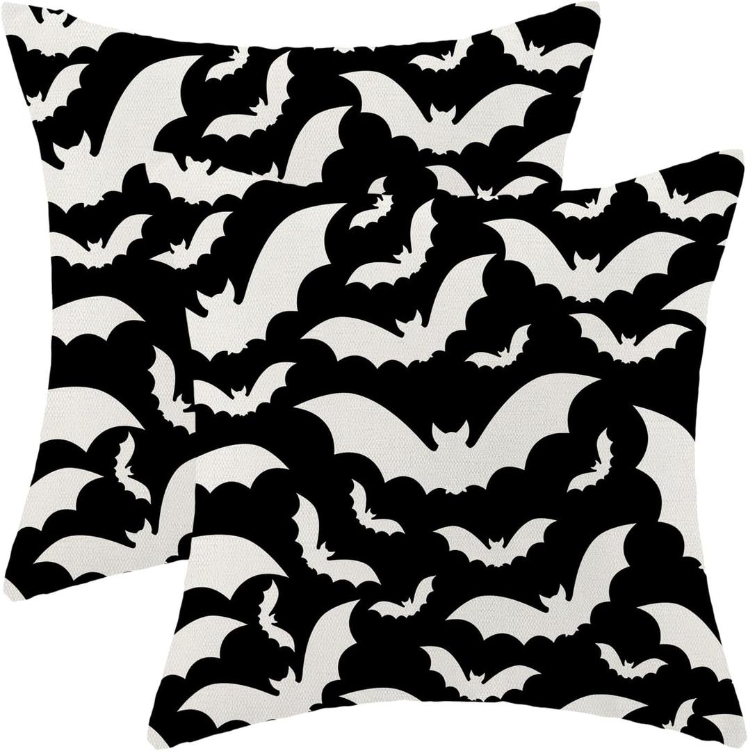 AEIOAE Halloween Pillow Covers 18x18 Inch Set of 2,Black and Cream Bats Throw Pillows Case,Halloween Outdoor Decorative Linen Farmhouse Decor Cushion Covers for Home Sofa Bed Couch