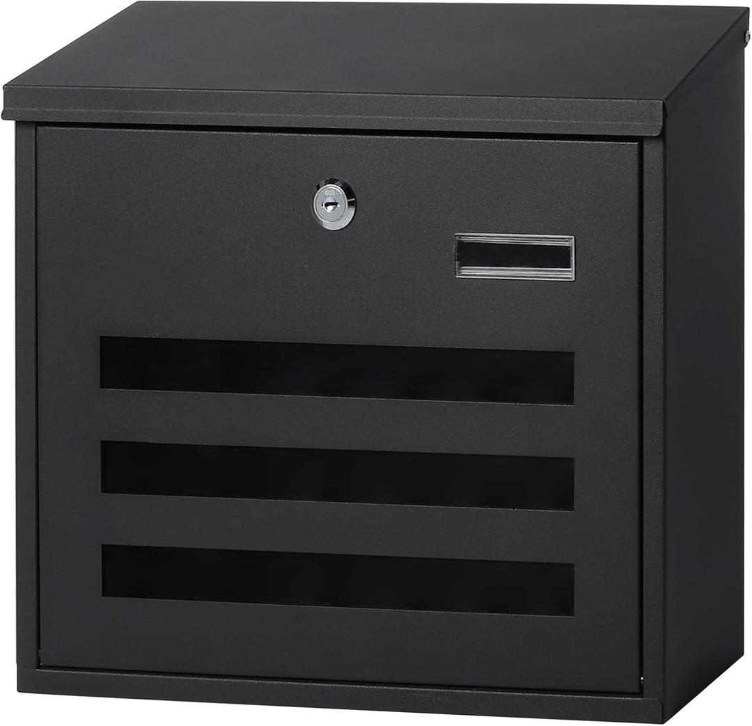 Kasten Wall-Mount Mailbox with Key Lock, Large Capacity Locking Mailbox for Outside, 13.6 x 4.3 x 12.8 Inch, Black