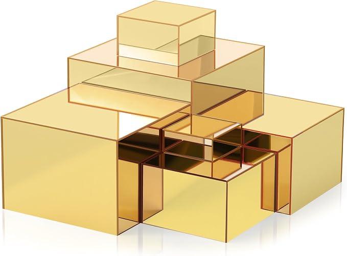 Geelin 6 Pack Acrylic Risers for Display Acrylic Cube Boxes Risers Display Stands with Hollow Bottoms Decorative Stand for Jewelry Candy Table Decor 6 Sizes(Gold,3 to 8 Inch,Square)