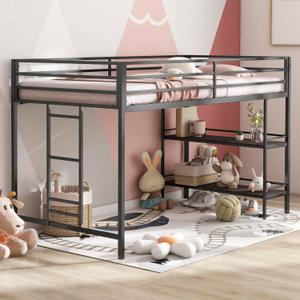 Twin Size Low Loft Bed with Storage Shelves for Kids,Kids Loft Bed Twin Size,Metal Loft Bed Frame for Boys Girls,Junior Low Loft Bed,Black