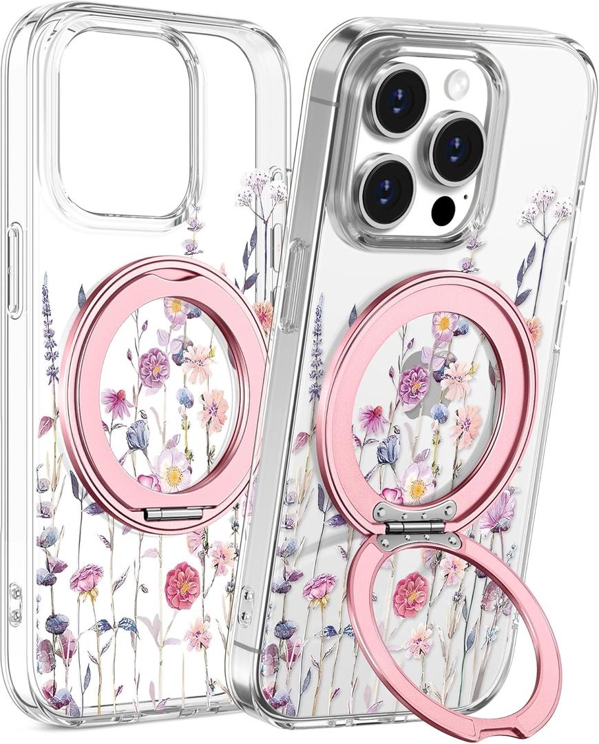 iPhone 15 Pro Max Case with Stand- Compatible with MagSafe Women Girls Cute Clear Girly Unique Design Soft TPU Magnetic Ring Phone Cover for Apple 15 Promax, Purple Flower