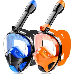 Full Face Snorkel Mask for Adults Teen, Snorkeling Gear with Detachable Camera Mount,Panoramic 180 View, Anti-Fog Anti-Leak Snorkling Set for Man and Women (Dark Blue+Black Orange-S/M)