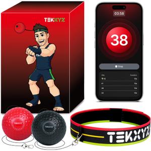 TEKXYZ Reflex Ball with Counter App & Online Community, 2 Difficulty Levels Boxing Ball with Headband, Perfect for Reaction, Agility, Punching Speed, Fight Skill & Hand Eye Coordination Training (Black/Red)