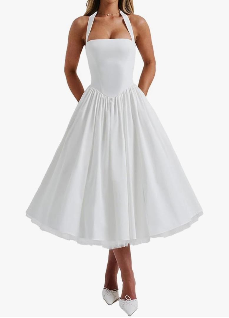 Women Halter Midi Dress Corset Back Layered Tuller Skirt Sleeveless Swing Cocktail Prom Formal Dresses Small