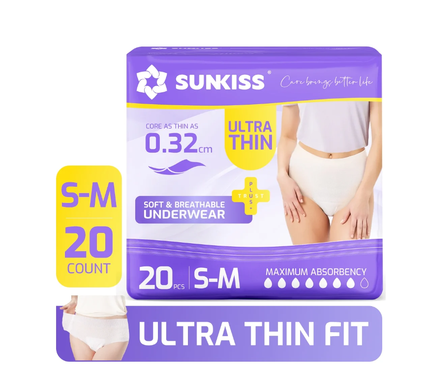 SUNKISS Ultra Thin Incontinence Underwear for Women, Fast-Absorbing & Super Soft Postpartum Diapers, Disposable Adult Pull Ups, Small/Medium, 20 Count