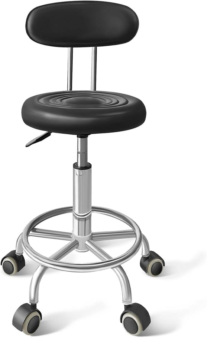 Chair with Wheels PU Leather, with Backrest, Height Adjustable, 360 Swivelling Armless Barstool with Footrest, Ideal for Pubs, Restaurants, Offices, Homes, Tattoos, Massages (Black), 15.74 inches x 12.59 inches x 33.46 inches