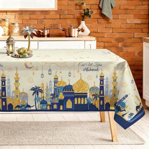 Eid Al-Fitr Ramadan Table Cloth Rectangle Machine Washable Eid Mubarak Tablecloth, 84 * 60 inch, Polyester Deep Blue Table Cover for Kitchen Dinner Party Outdoor Decor