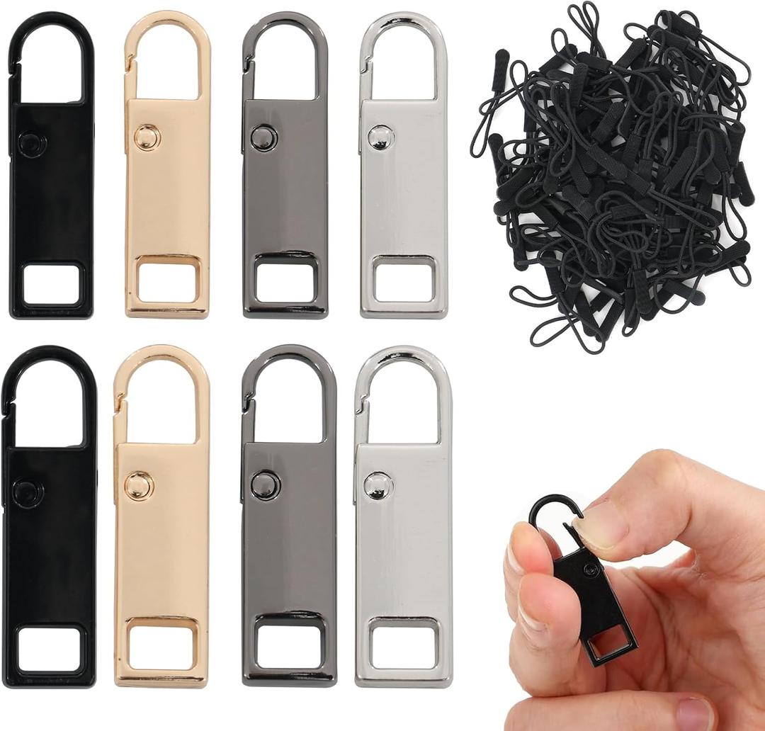 8 Pieces Zipper Pull Replacement, Replacement Zipper Pull Tab with 100 Pieces Detachable Drawstrings, for Luggage, Backpacks, Suitcases, Jackets, Purses, Handbags