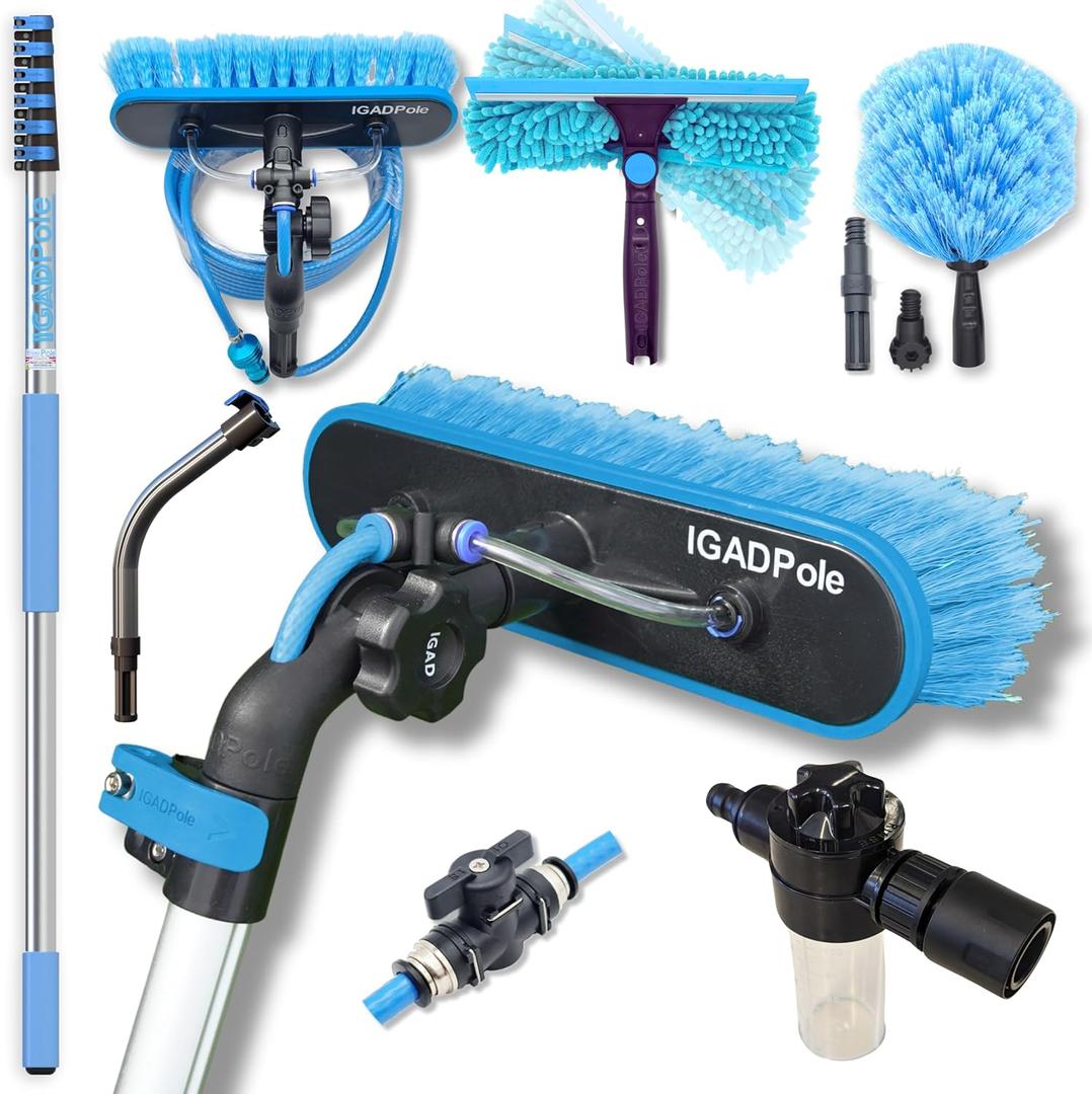 34ft IGADPole Washing Kit: Water-fed Brush, Cobweb Duster and 10 Squeegee and Soap Dispenser, with 6-Stage Telescoping Pole 5.5-27ft Pole and & 1ft Curved Extension (28ft Pole Kit)