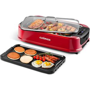 CUSIMAX Smokeless Indoor Grill, Electric Grill Griddle, 1500W Korean BBQ Grill with LED Smart Display & Tempered Glass Lid, Non-stick Removable Plate & Griddle Plate, Red