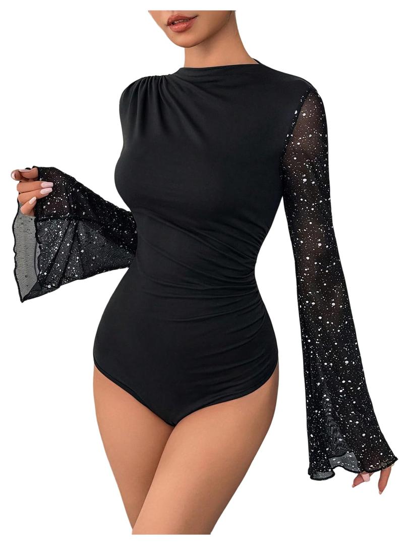 GORGLITTER Women's Mesh Turtleneck Long Sleeve Bodysuit Lace Ruched Blouse Bodysuits Going Out Trendy Outfits Black Large